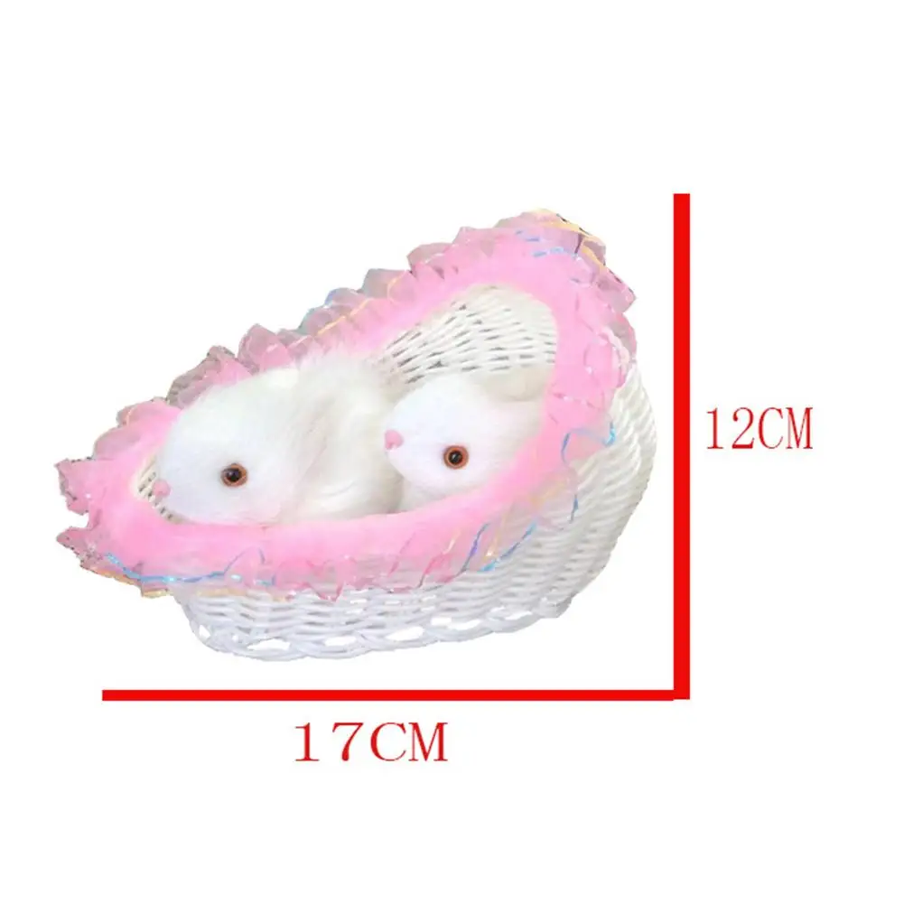 

Realistic Furry Double Rabbit Figurine Sitting in Basket Home Decoration Tabletop Ornaments Easter Birthday Gift