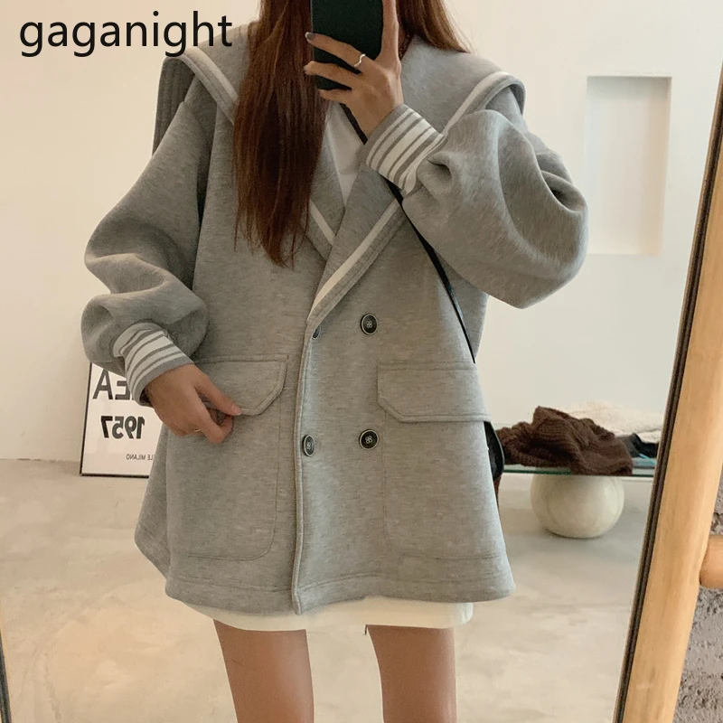 

Gaganight, женский серый, темно-синий свитер с воротником, куртка 2021, осень и зима, новинка, бархатное утепленное Женское пальто 2 в японском стиле