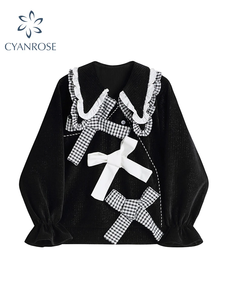 

2022 Women Hoodies Chic Bow Peter Pan Collar Long Sleeve Pullover Streetwear Loose Oversized Gothic Sweet Casual Sweatshirt Top