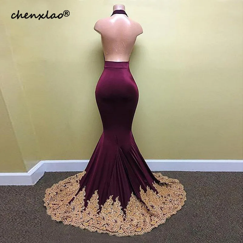 

Sexy Backless Evening Dresses Halter Neck Gold Lace Appliques African Evening Gowns Prom Party Dress Vestidos De Festa