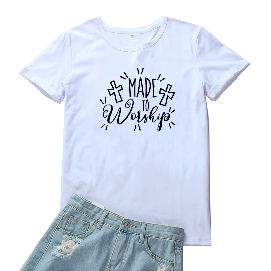 

Made To Worship Women T-shirt Casual O-neck Tshirt Women Harajuku Cross and Letter Pattern T Shirt Women Summer White Tee Tops