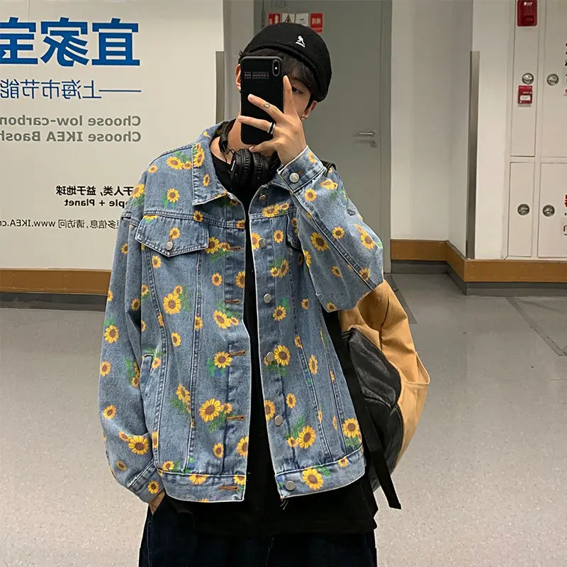 Куртка мужская джинсовая с цветочным принтом модная Повседневная куртка в стиле