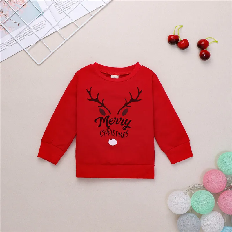 Children's Pullover Tops Red Nose Reindeer Pattern Round Neck Long Sleeve Hoodies Christmas Clothes for Boys Girls 0-4T