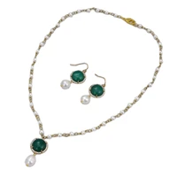 gg jewelry natural white pearl green jades cz rice pearl pendant necklace earrings sets for women