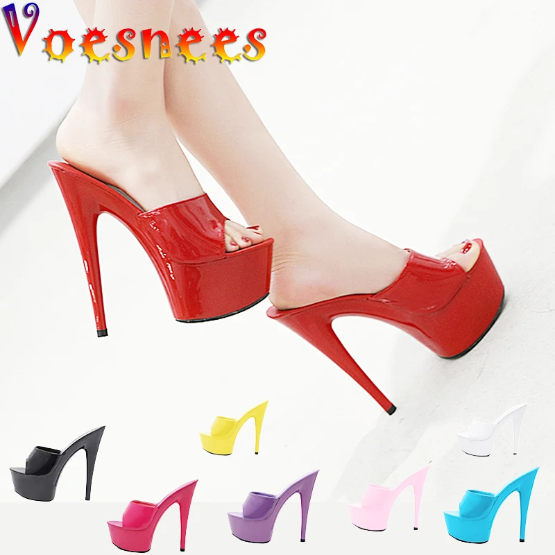 

Voesnees Slippers Women Summer Outdoor High Heels Thin Heels Patent Leather Platform Slides Sexy Catwalk Shoes Club Sandals