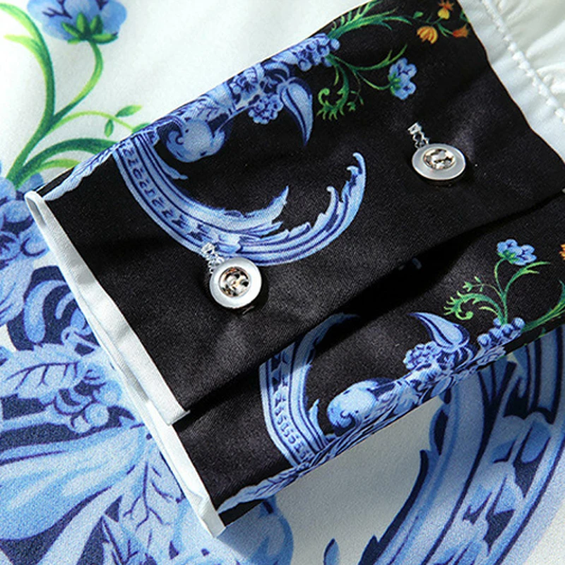 

Bow Fashion Office Neck Lady Full Long Sleeve Blue and White Porcelain Printed Satin Shirt Wide Leg Short Pants Suit for Women
