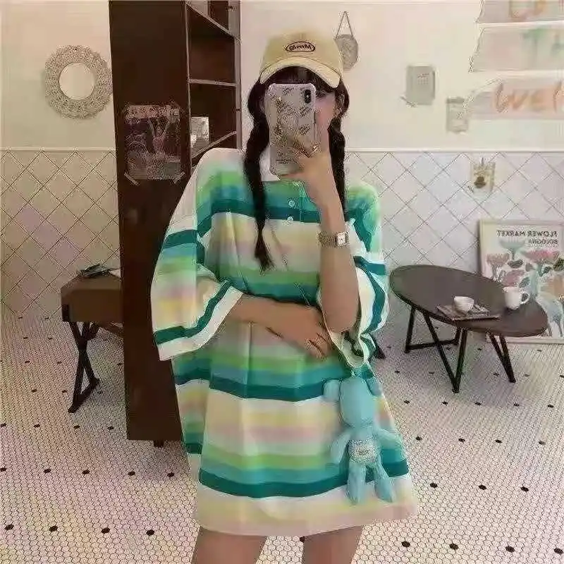 

Summer New POLO Collar Rainbow Color Striped Plus Size T-Shirt Kawaii Sweet Beauty Top Student Loose T-Shirt Casual