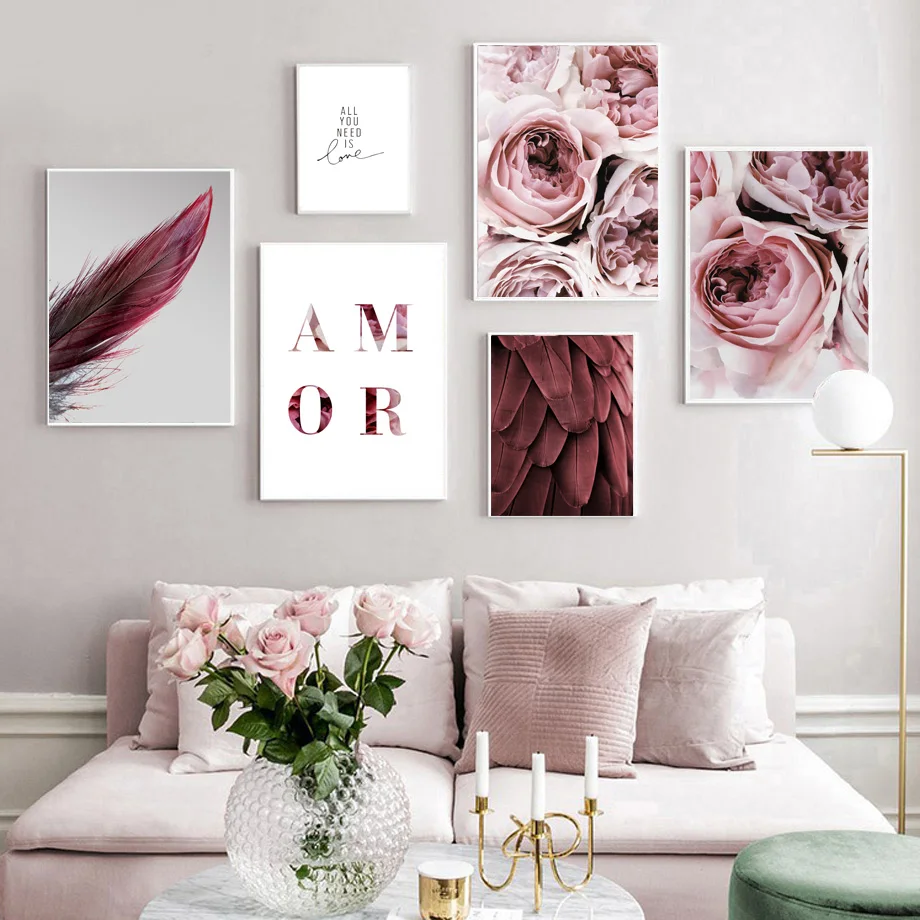 

Pink Peony Flower Feather Love Quotes Wall Art Canvas Painting Nordic Posters And Prints Wall Pictures For Living Room Decor