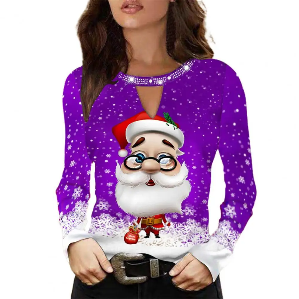 

Christmas T-Shirt Cartoon Print Santa Claus O Neck Women Tops Rhinestone Decor Slim Spring T-Shirt for New Year