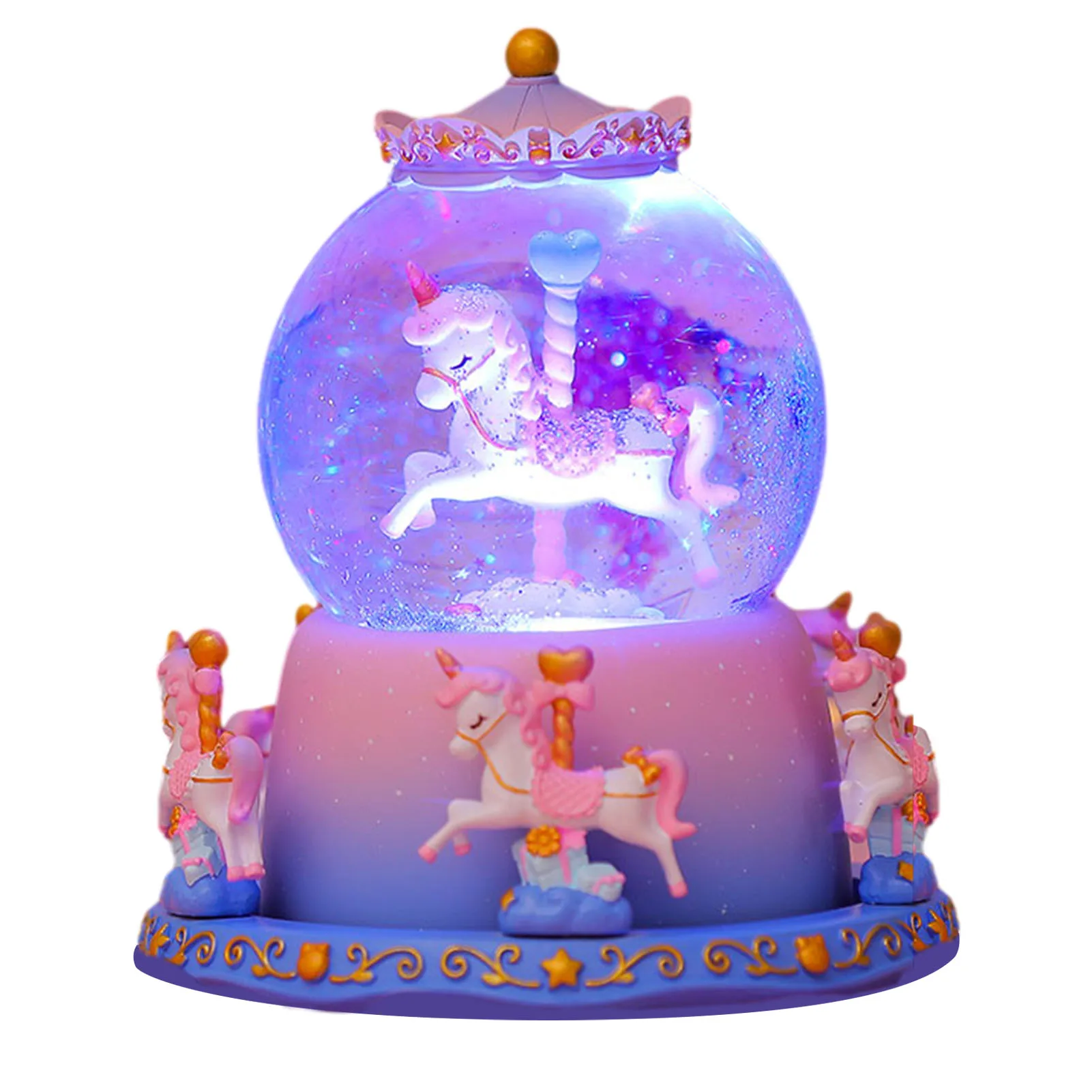 Resin Unicorn Music Box With LED Luminous Snowflakes Carousel Crystal Ball Snow Globe Music Box Couple Valentine's Day Gift