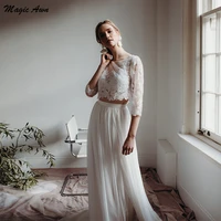 magic awn chic bohemian two pieces wedding dresses lace chiffon appliques beach mariage gowns side split long sleeves vestidos