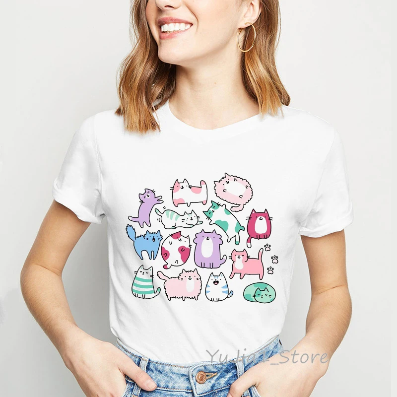 Женская футболка в стиле Харадзюку с принтом милых мультяшных кошек женские