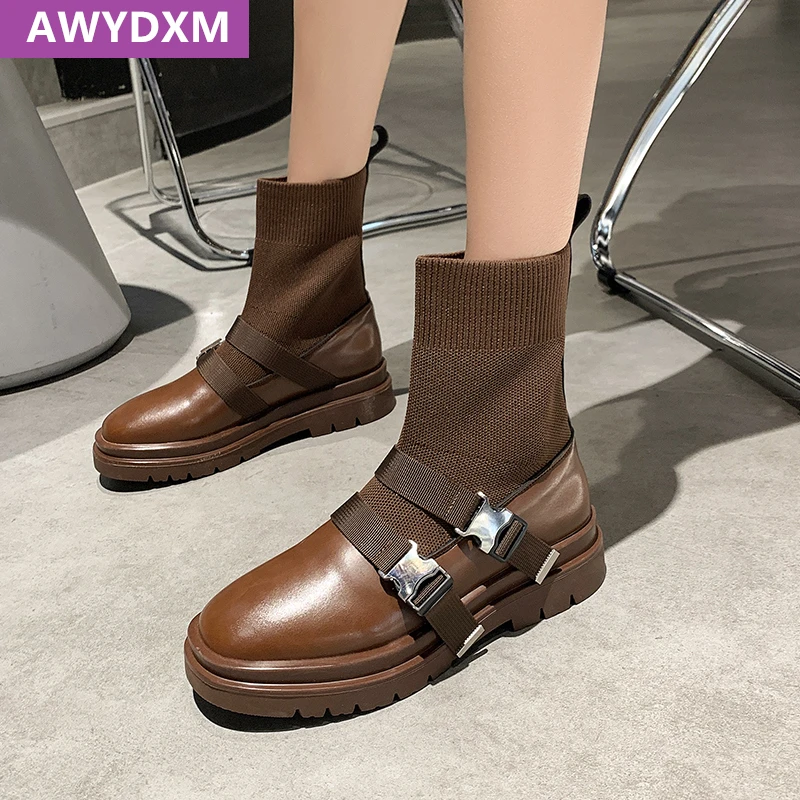 

Новинка 2021, мотоциклетные ботильоны на среднем каблуке, новые зимние женские теплые вязаные ботинки-носки, модные женские ботильоны на масс...