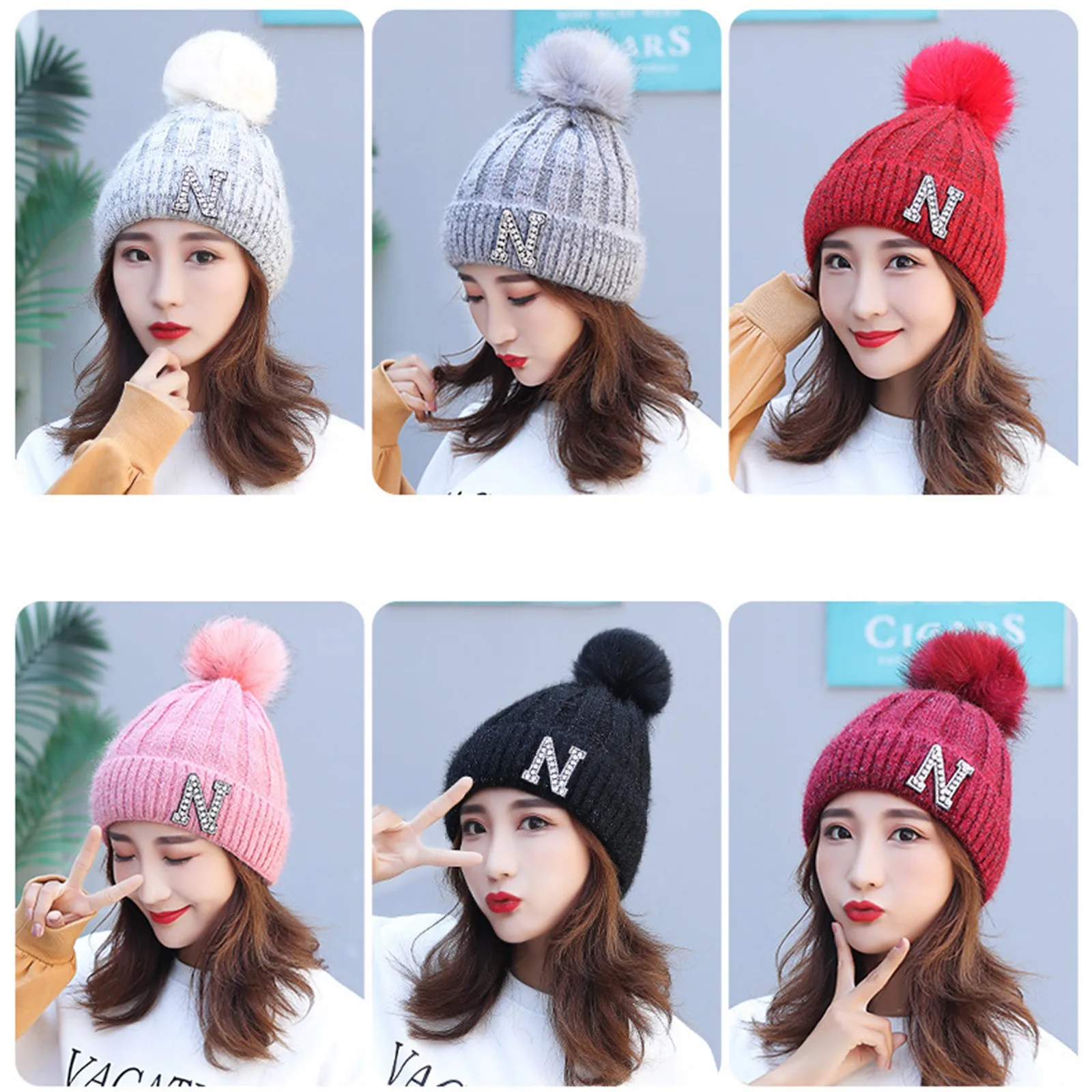 Осенне-зимние вязаные шерстяные шапки для женщин модные с помпоном меховая шапка