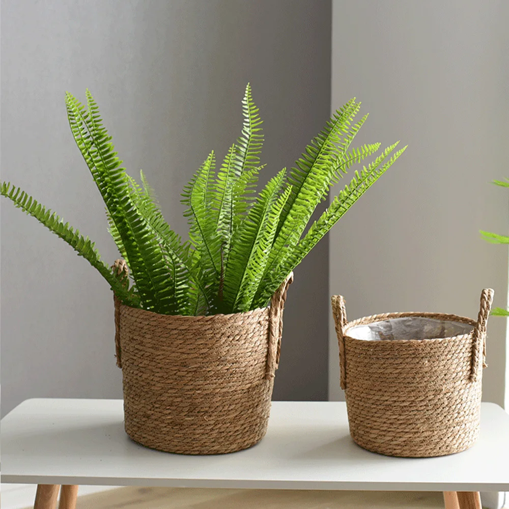 

Seagrass Handmade Storage Basket With Handles Duarble Cloth Storage Toy Organizer Rattan Wicker Basket Plant Flower Pot Decor