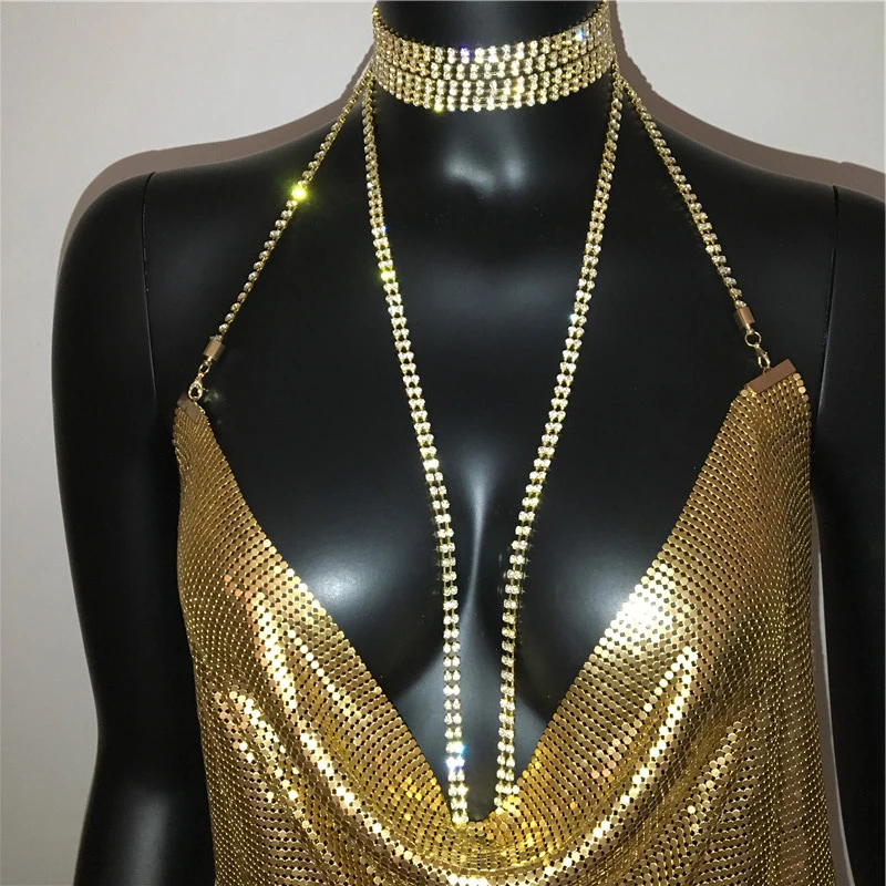 

Sexy Gold Sequined Patchwork Alloy Mini Dress Women Spaghetti Straps Bodycon Charming Nightclub Party Chain Dress