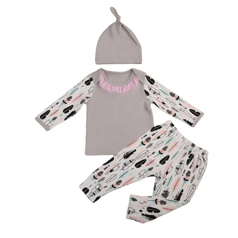 

Модная одежда для маленьких девочек осенняя одежда комплект для новорожденных, футболка и штаны комплект с шапкой для детей, одежда для мал...