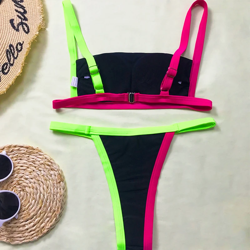 

In-X Patchwork bikini set Bandeau swimwear female Sexy Thong swimsuit women String 2 pieces suit bathing suit biquini beach wear