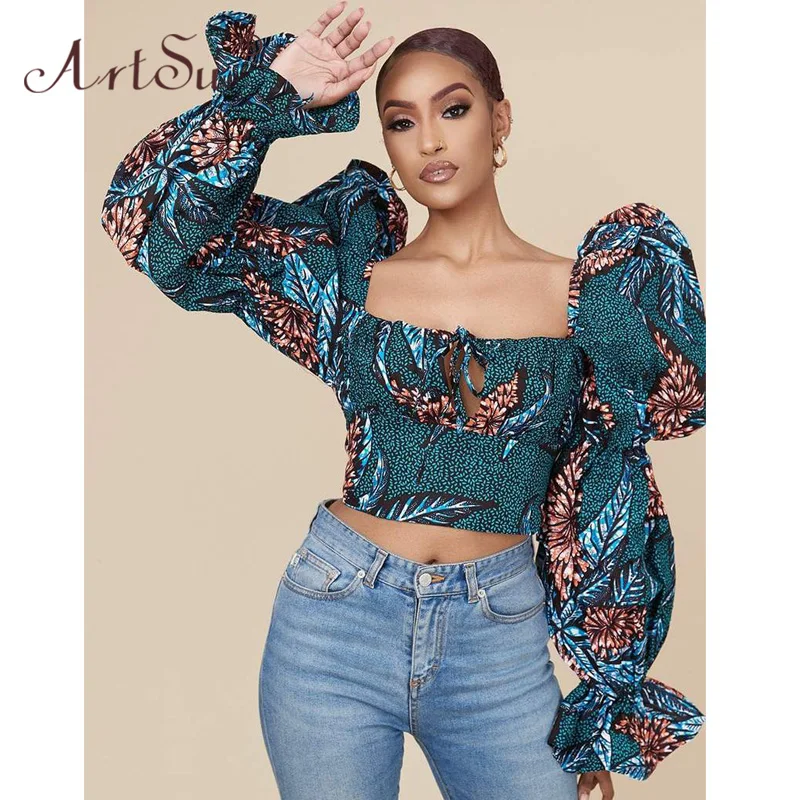 

Арцу Женская модная блуза с прямоугольным воротником и рисунком на шнуровке Укороченная рубашка 2021 осень Цветочный принт вечерние укороче...