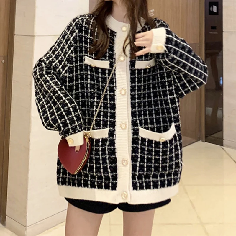 

Autumn and Winter New Sweater Jacket Retro Shirt Plaid Long-Sleeved Single-Breasted Plaid Loose Knitted Cardigan Trendy Ladies#1