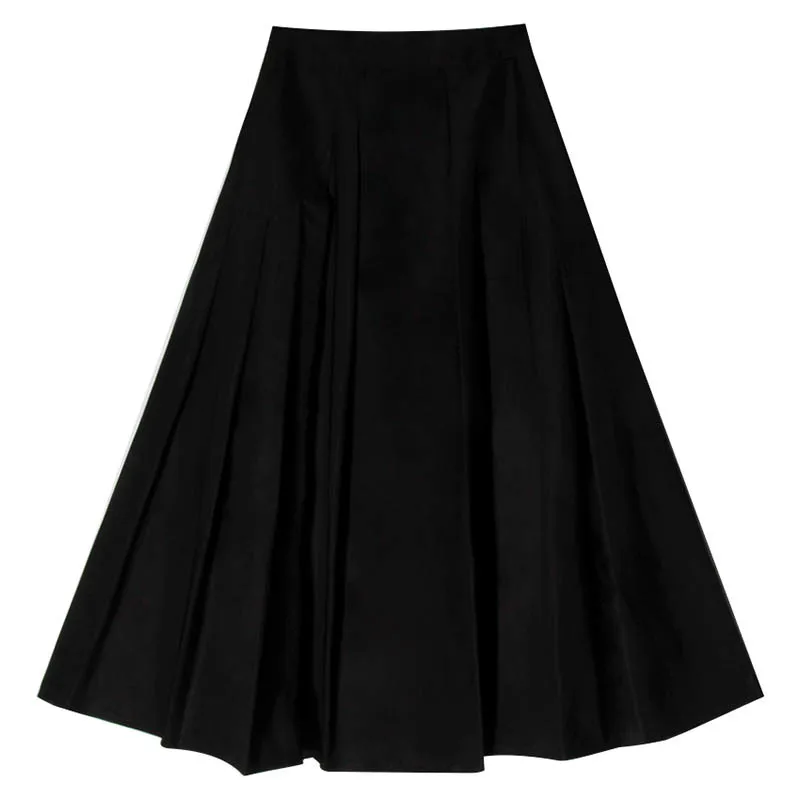 

Women Fashion Tide New Spring Autumn 2021 High Waist Black Pleated Stitch Long Elegant A-Line Half-body Skirt