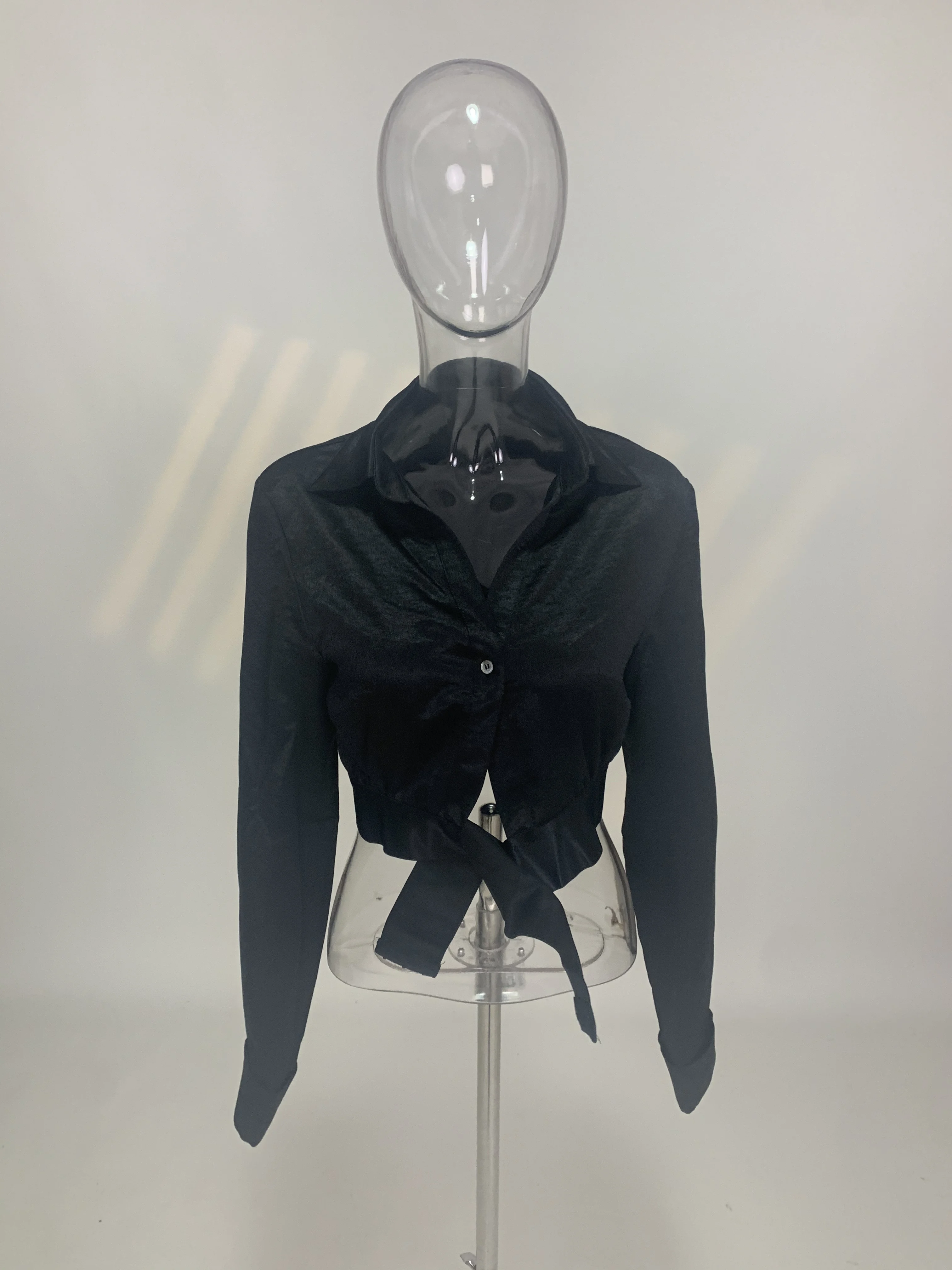 

[DEAT]2021 spring and summer French short waist elastic lace up shirt women solid v-neck collar long sleeve jacket female GX1251