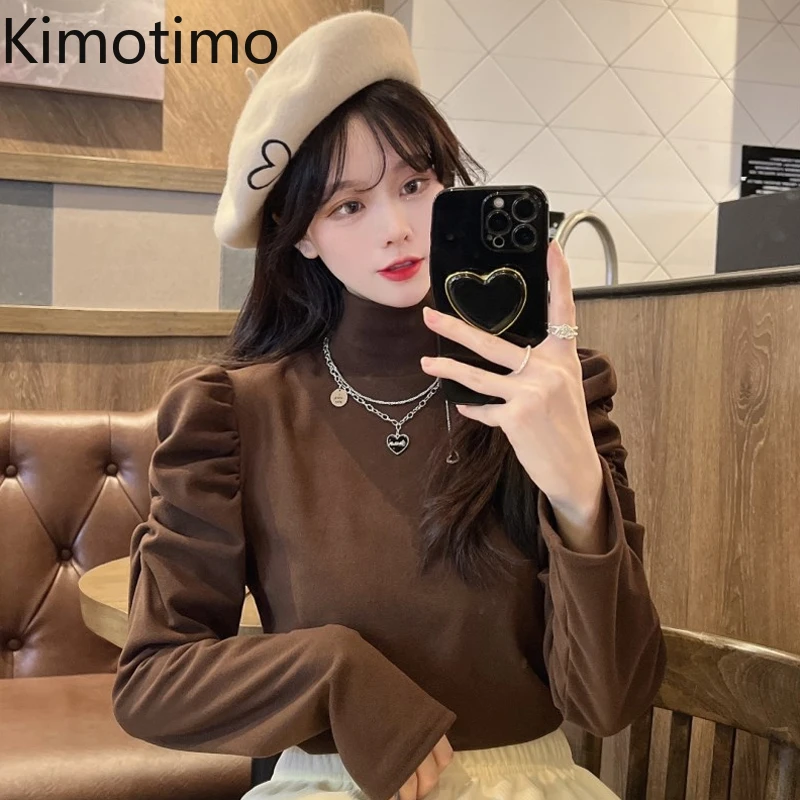 

kimotimo women bottoming t-shirt autumn winter mock neck folds puff sleeve pullover korean chic temperament all-match tops ins