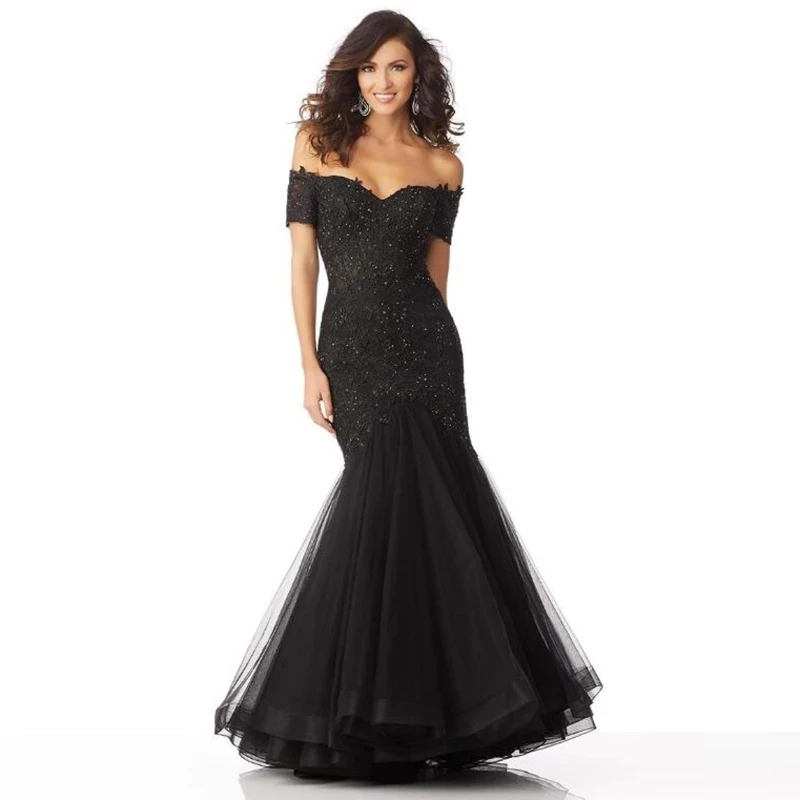 

Black Mother Of The Bride Dresses Mermaid Off The Shoulder Tulle Appliques Beaded Plus Size Long Groom Mother Dresses Wedding