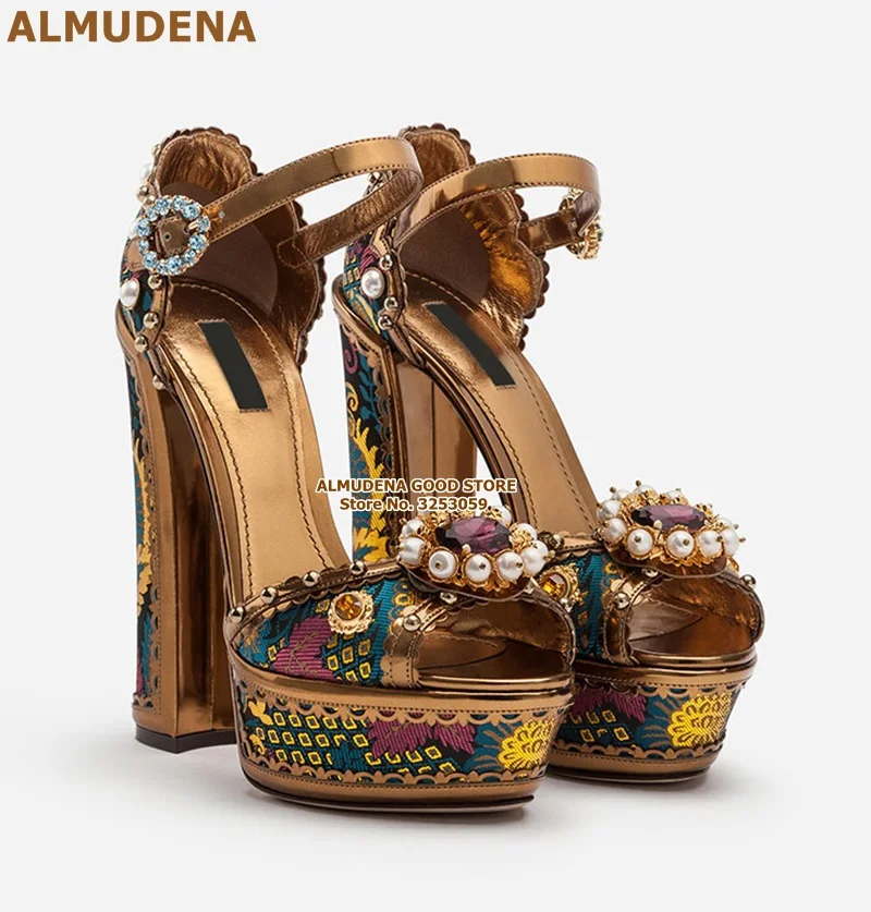 ALMUDENA/Босоножки на платформе, Украшенные бусинами, на массивном каблуке, украшенные стразами; свадебные туфли-лодочки в стиле ретро, синего, золотого цвета, украшенные стразами