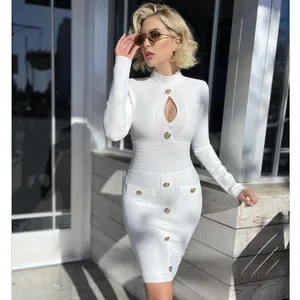 Women Spring Sexy Long Sleeve Key Hole Button White Mini Bodycon Bandage Dress 2021 Elegant Evening Party Dress Vestidos