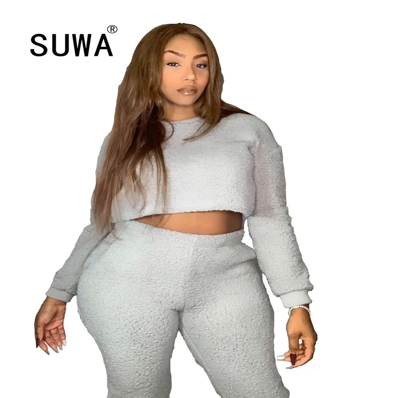 

Спортивная одежда для активного отдыха, Женский комплект, свободная укороченная Толстовка с длинным рукавом, спортивные штаны для бега, теп...