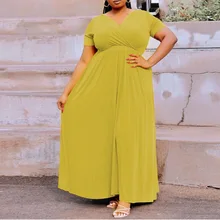 Plus Size African Dresses Womens Yellow Solid High Waist Floor Length v Neck 2021 Summer New Long Dress Big Size Wholesale Hot