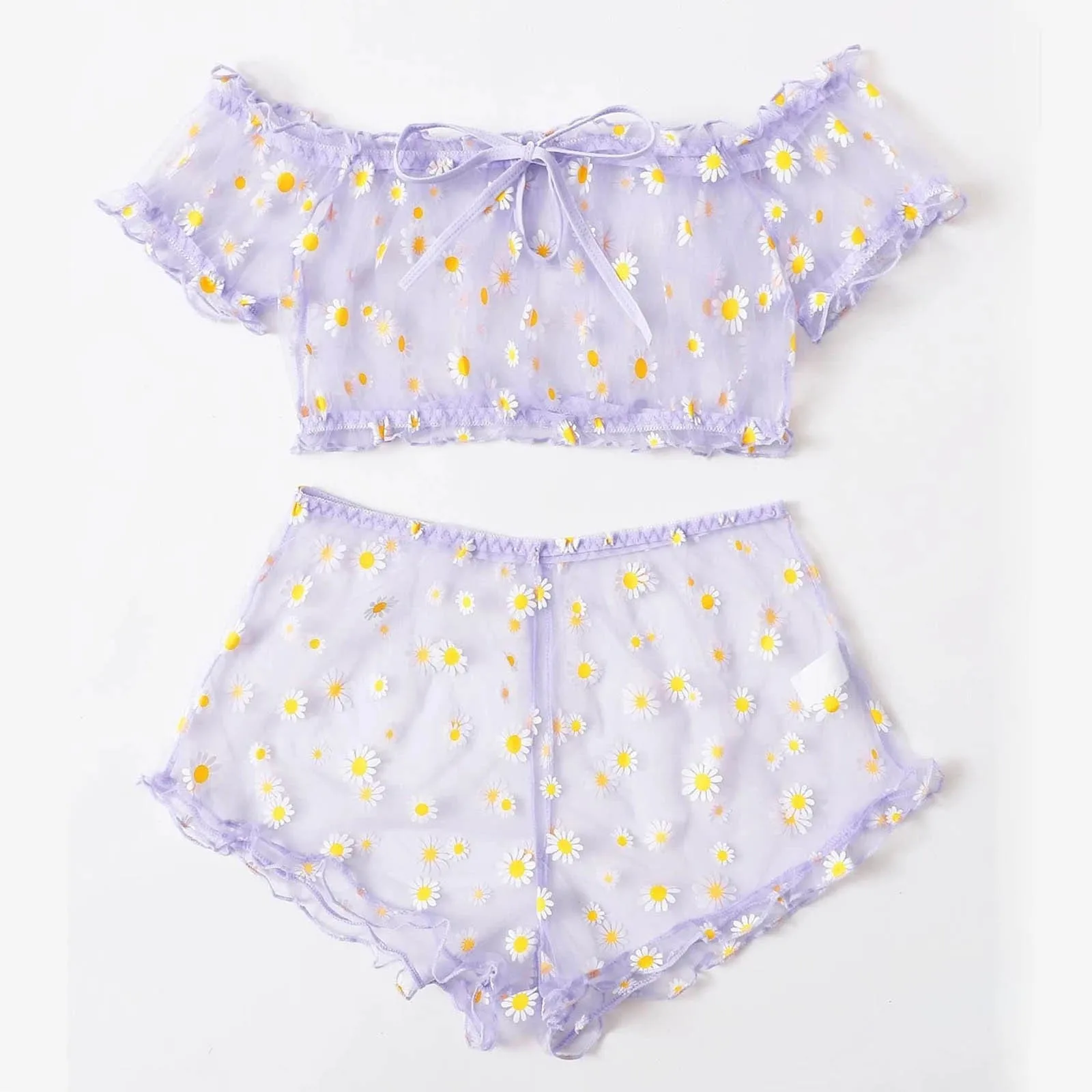 

Sexy Transparent Bikinis Set Women Sleepwear Shorts Tops Set Beach Swimwear Embroidery Underwears Set