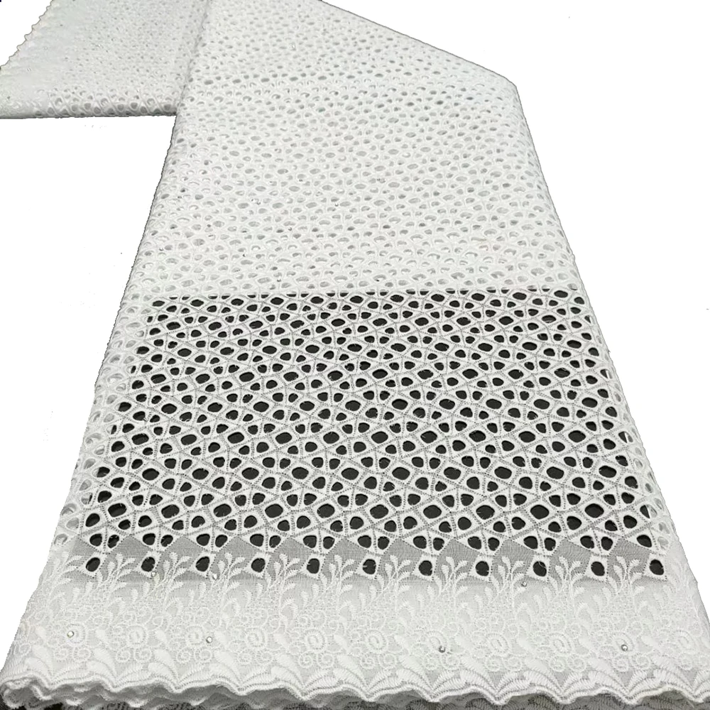 

Latest Dubai Design White Color 100% Cotton African Lace Fabric 2022 High Quality Swiss Voile Lace With Stones