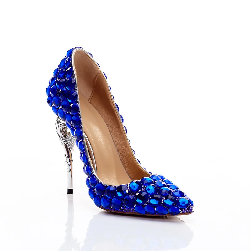 Women's fashion blue crystal pointed stiletto shallow mouth sexy high heels