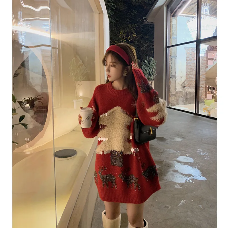 

Pregnant Women's Middle and Long Christmas Theme Sweater Autumn and Winter New Women's Sweet Retro Outer Knitted Sweater Fashion