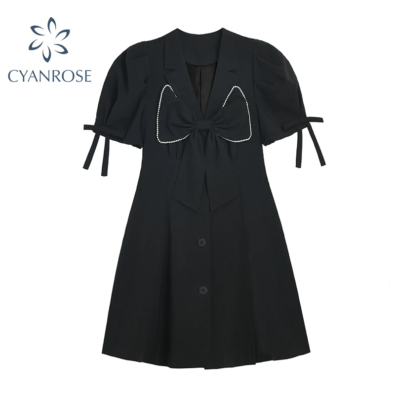 

Hepburn Style Black Dress Women's 2021 Summer French Elegant Puff Sleeve V-Neck Bow Slim-Waist Temperament Short Dress Female