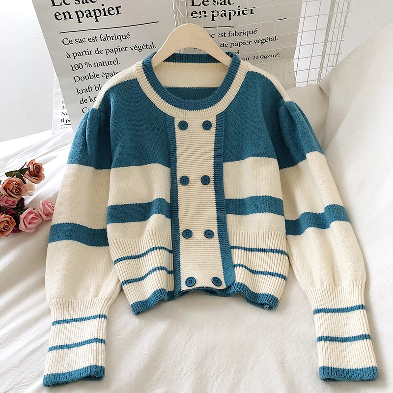 

Autumn Winter Hit Color Patchwork O Neck Double Breasted Sweaters Korean Puff Sleeve Sweet Sueter Mujer Vintage Striped Jumper