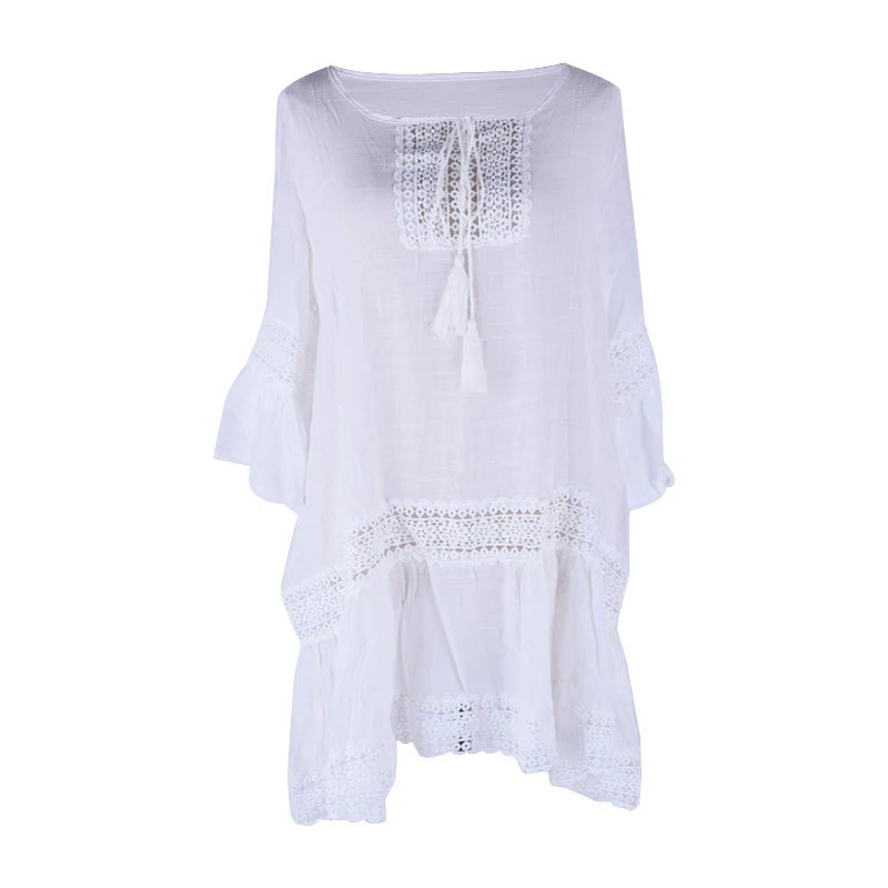 

Hotvestita 2021 Beach Cover Up Women Crochet Lace Tassel Loose Hollow Out Half Sleeve Swimwear Sunscreen Mini Dress Bikini Smock