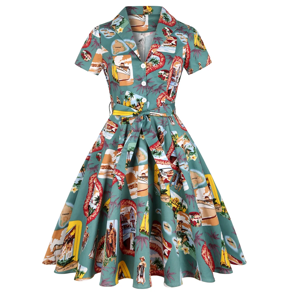 

2021 4XL Female Vintage Dress Casual Style Sashes Buttons High Waist Short Sleeve 2000s Aesthetic Midi Dresses For Women Party