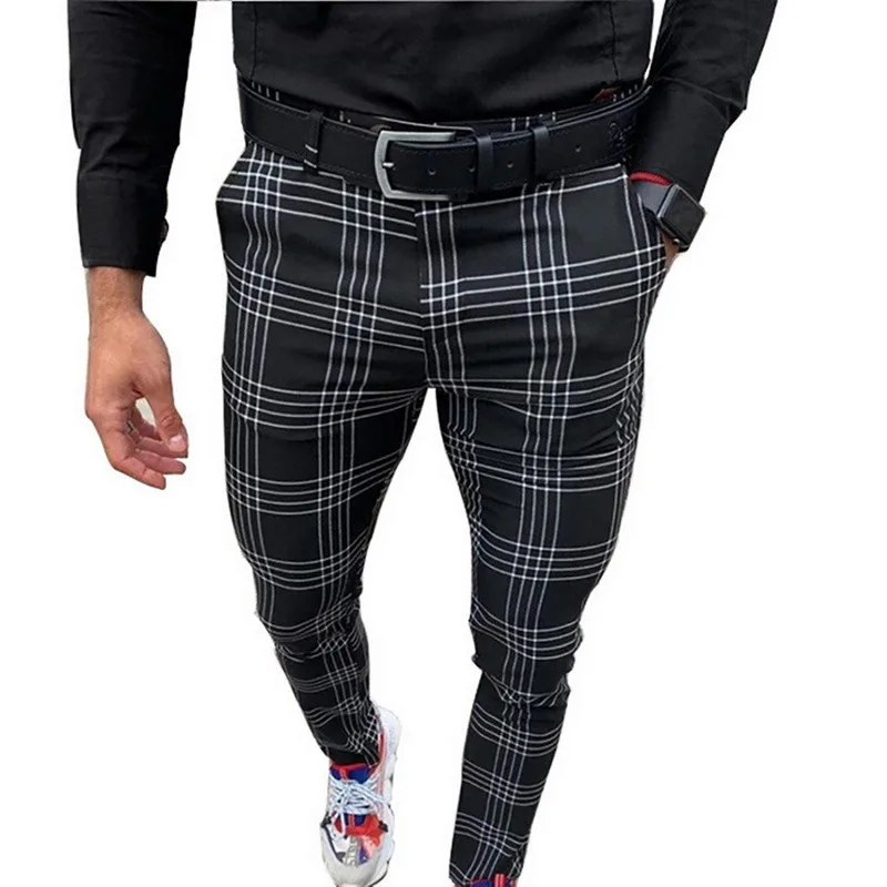 

Мужские повседневные брюки в клетку и полоску, черные зауженные брюки на молнии со средней талией, облегающие деловые брюки, весна 2021