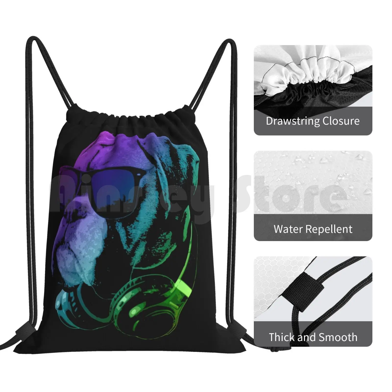 Dj Dog Backpack Drawstring Bags Gym Bag Waterproof Pet Cute Cool Boxer Bulldog Animal Sunglasses Headphones Neon | Багаж и сумки