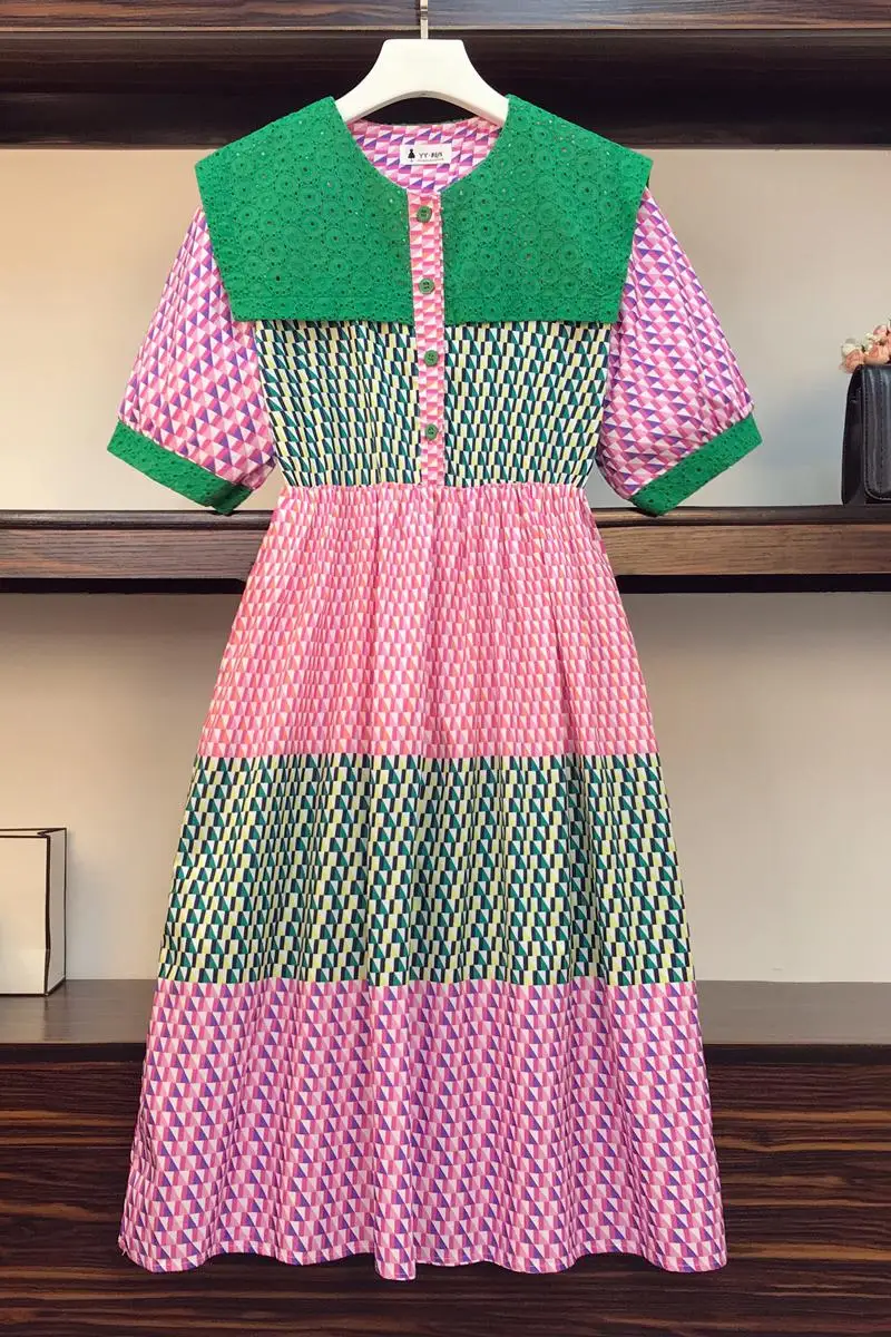 

Elegant Plus Size Women Plaid Dress 2021 Summer New Large Turn-Down Collar Patchwork Short Sleeve Big Swing A-Line Dress