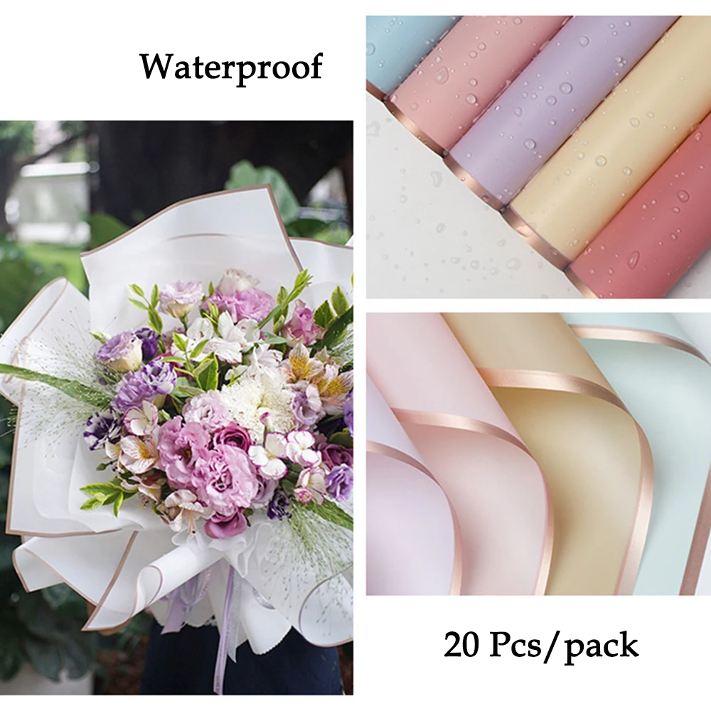 

20 Pcs/Pack Solid Color Golden Frame Waterproof Mist Paper Flower Bouquet Packaging DIY Gift Wrapping Material Florists Supplies