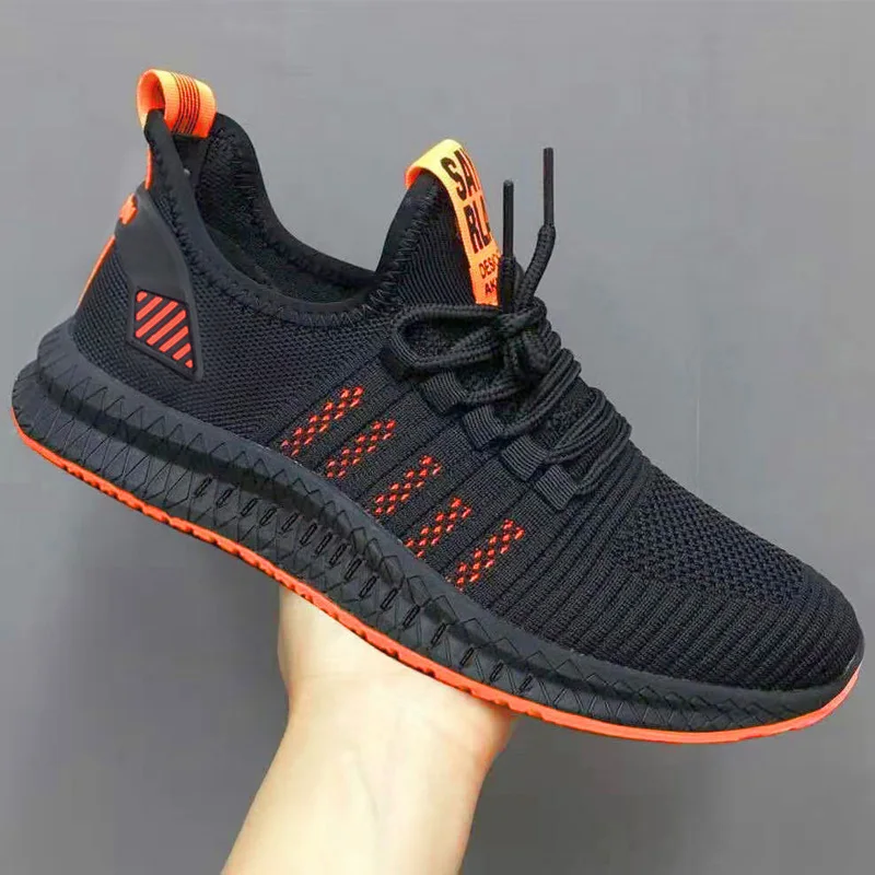 

Men Fashion Cheap Sneakers Breathable Casual Shoes Orange Sole Mesh Lightweight Weaving Five Stripe Trainers zapatillas hombre