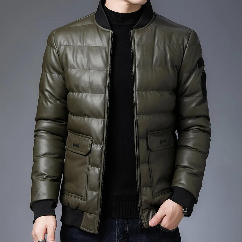 

Men PU Leather baseball Plus velvet Jacket Men winter Leather padded clothes Motorcycle Jacket Coat Men Fashion Biker Pocket Des