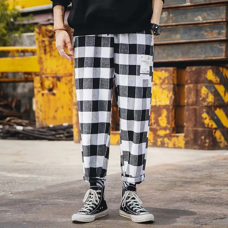

2021 summer new men's plaid loose wild legs straight tooling casual nine pants