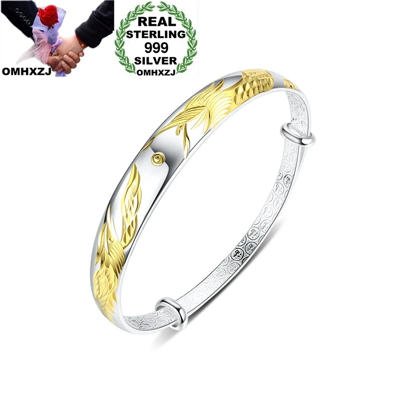 

OMHXZJ Wholesale European Fashion Hot Mother Party Birthday Wedding Gift Vintage Dragon Phoenix 999 Sterling Silver Bangle BA123