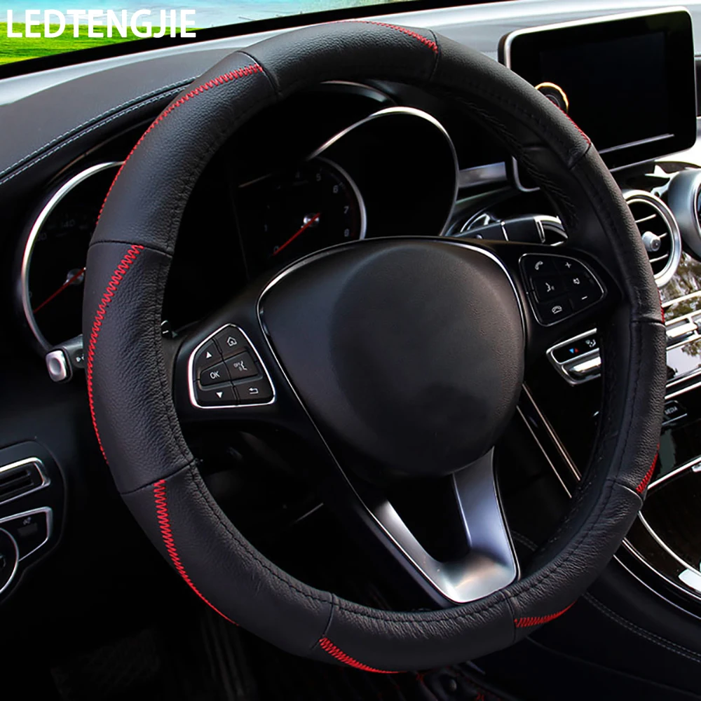 

LEDTENGJIE Car Steering Wheel Cover Cowhide Fashion New Medium Universal Grip Cover Wear-resistant, Non-slip and Durable