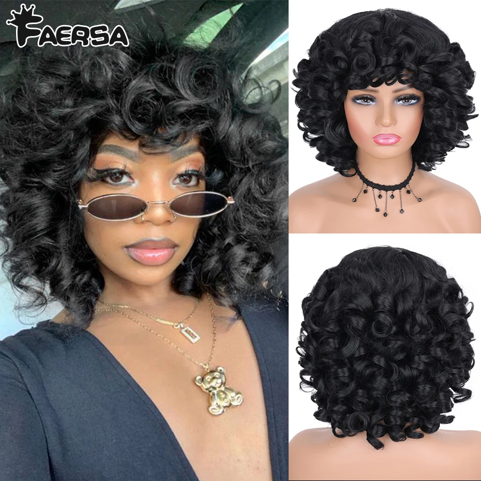 

Парики с короткими вьющимися волосами афро кудрявые с челкой для чернокожих женщин синтетические африканские волосы Омбре безклеевые пари...